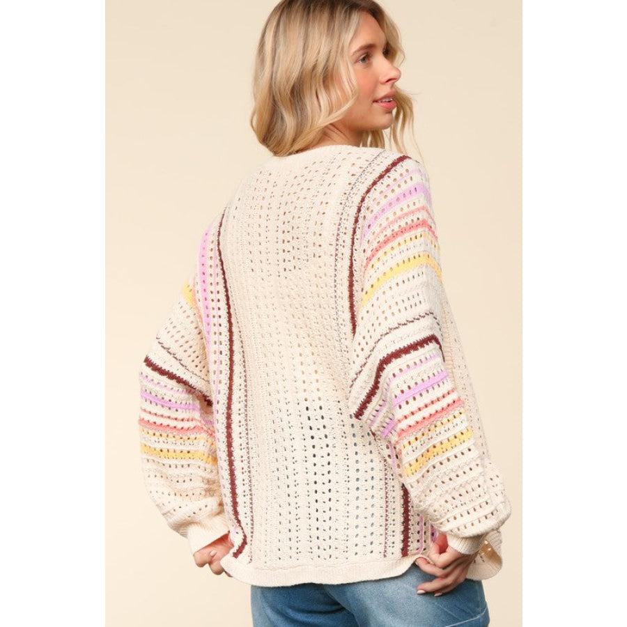 Haptics Full Size Striped Crochet Open Front Cardigan Apparel and Accessories