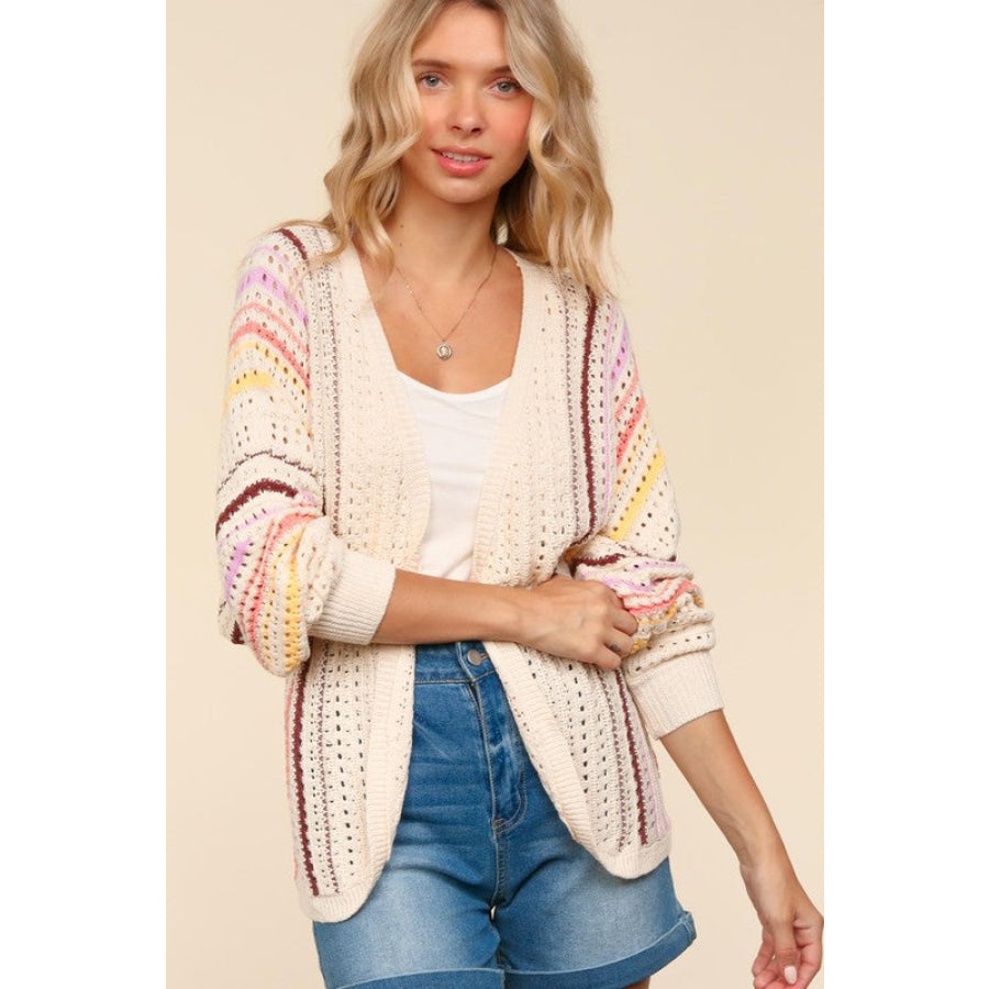 Haptics Full Size Striped Crochet Open Front Cardigan Apparel and Accessories