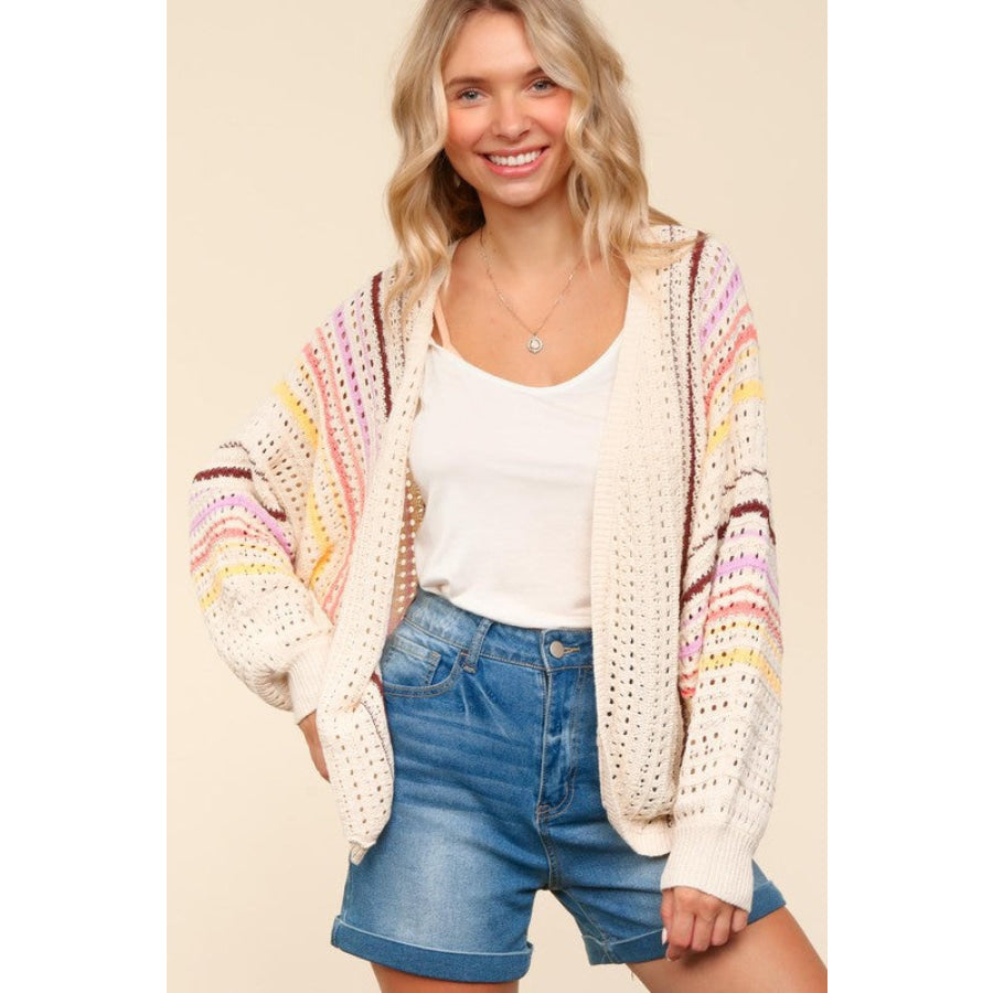 Haptics Full Size Striped Crochet Open Front Cardigan Apparel and Accessories