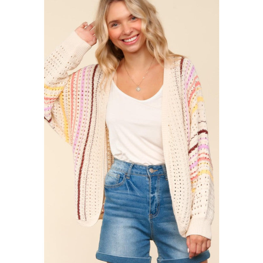 Haptics Full Size Striped Crochet Open Front Cardigan Apparel and Accessories