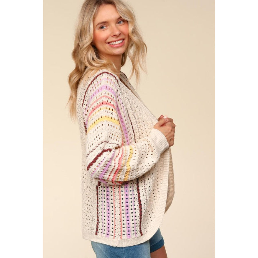 Haptics Full Size Striped Crochet Open Front Cardigan Apparel and Accessories