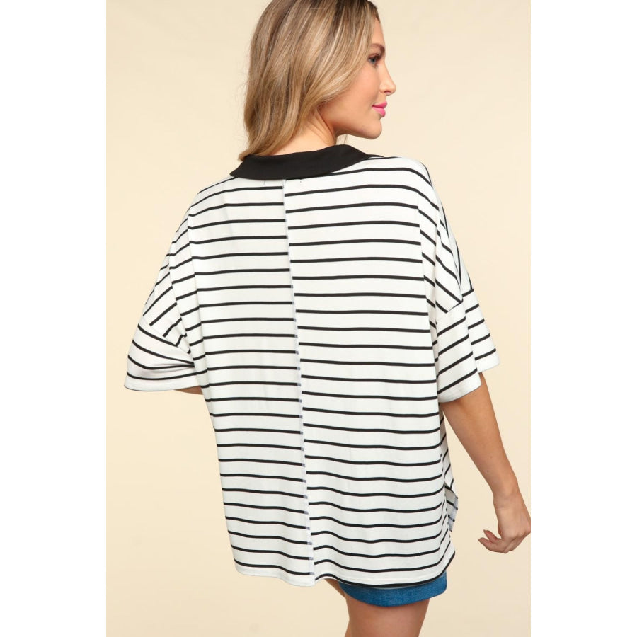 Haptics Full Size Striped Dropped Shoulder Half Sleeve T-Shirt Off White/Black / S Apparel and Accessories
