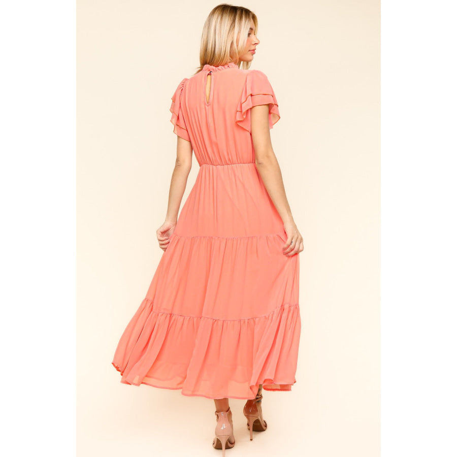 Haptics Full Size Tiered Frill Mock Neck Short Sleeve Dress Peach / S Apparel and Accessories