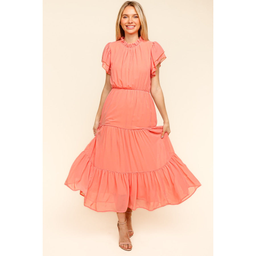 Haptics Full Size Tiered Frill Mock Neck Short Sleeve Dress Peach / S Apparel and Accessories