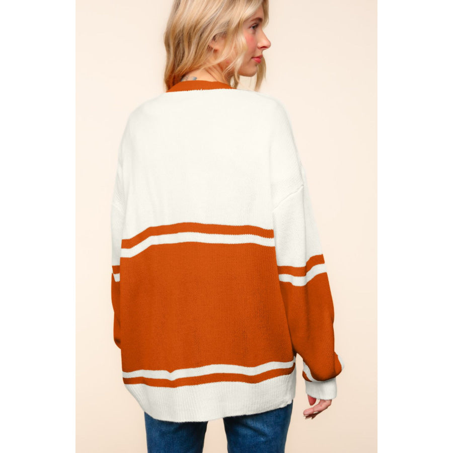 Haptics Full Size V Neck Button Down Letter Patch Cardigan Burnt Orange / S Apparel and Accessories