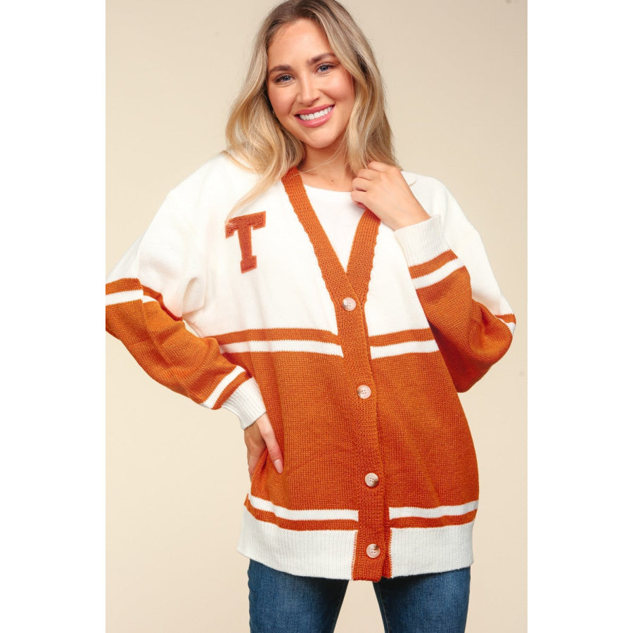 Haptics Full Size V Neck Button Down Letter Patch Cardigan Burnt Orange / S Apparel and Accessories