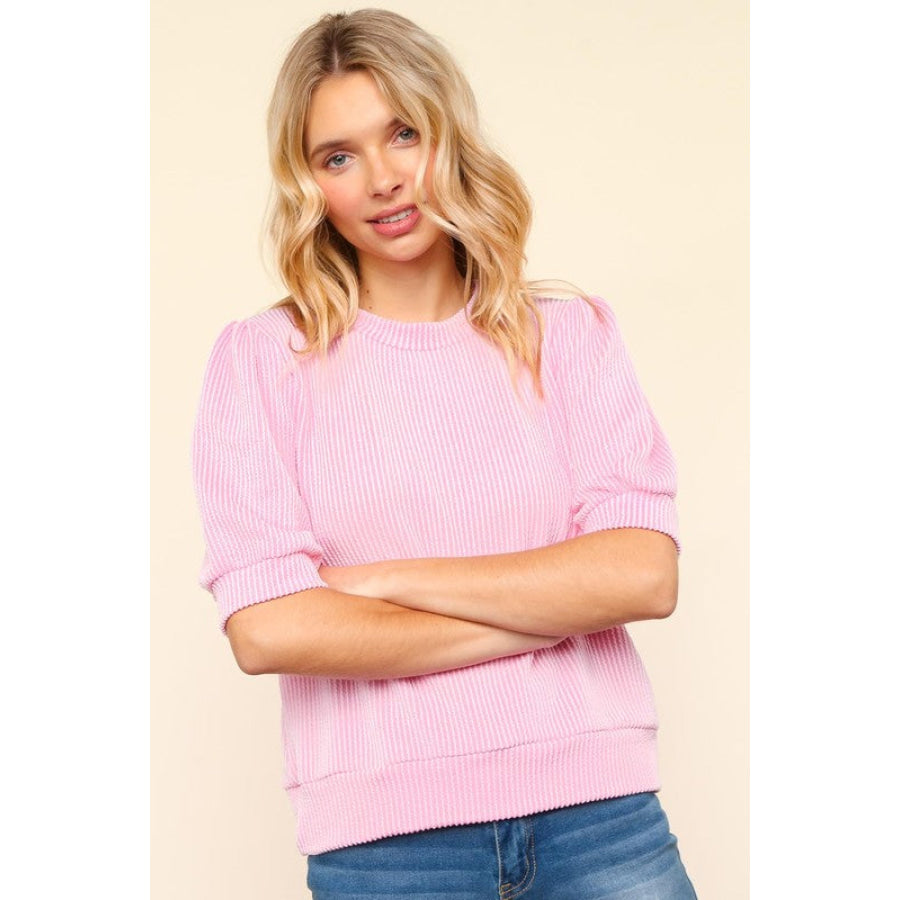 Haptics Full Size Wavy Rib Half Sleeve Knit Top Apparel and Accessories