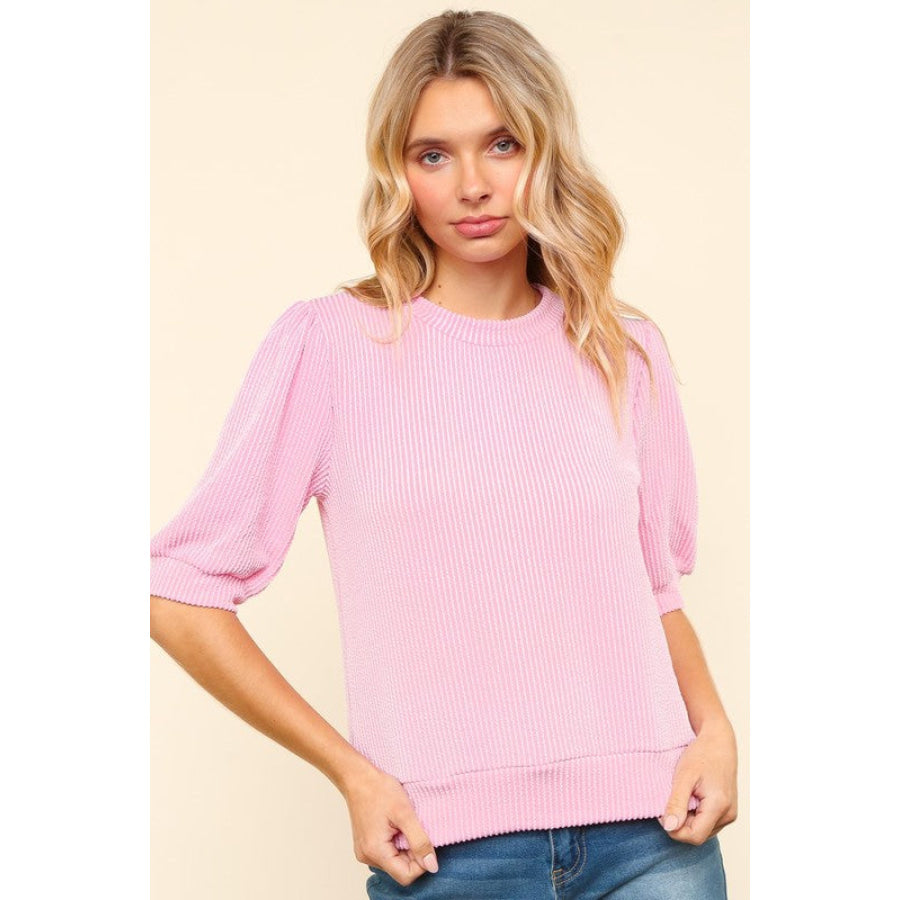 Haptics Full Size Wavy Rib Half Sleeve Knit Top Apparel and Accessories