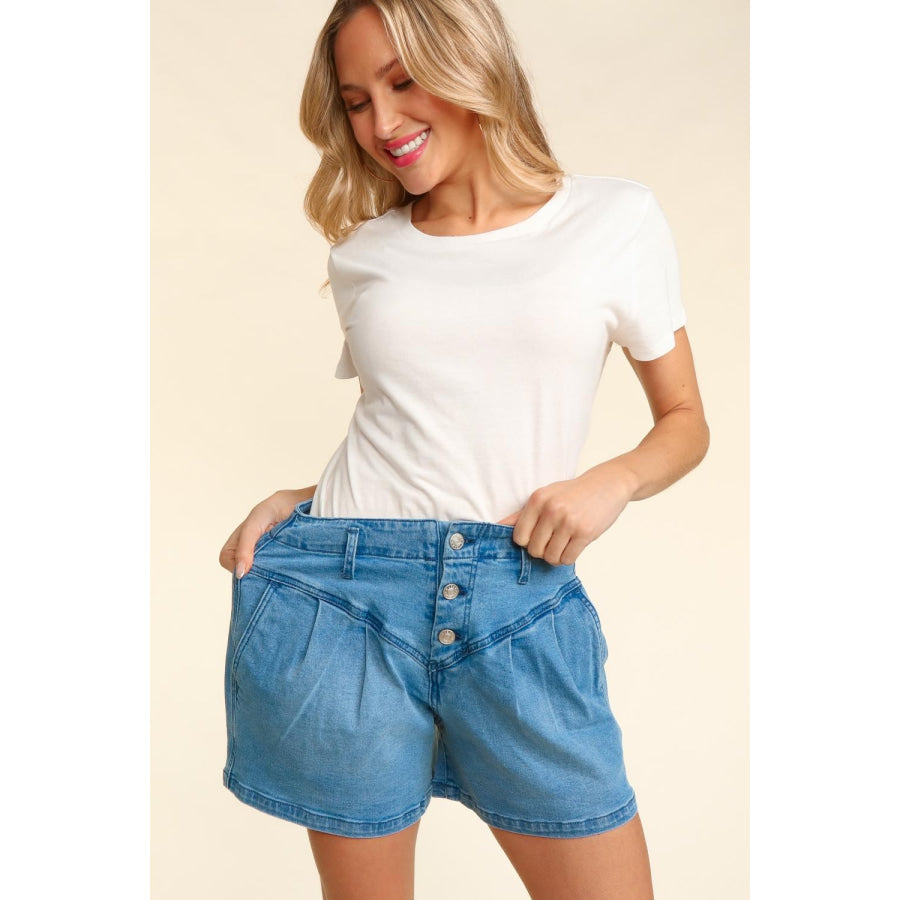 Haptics High Rise Button Fly Washed Denim Shorts Apparel and Accessories