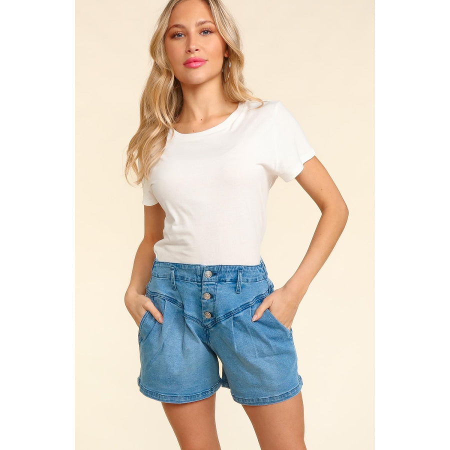 Haptics High Rise Button Fly Washed Denim Shorts Faded Blue / S Apparel and Accessories