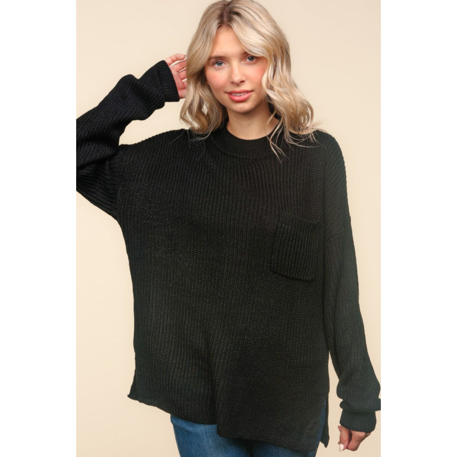 Haptics Mock Neck Side Slit Knit Top Black / S Apparel and Accessories