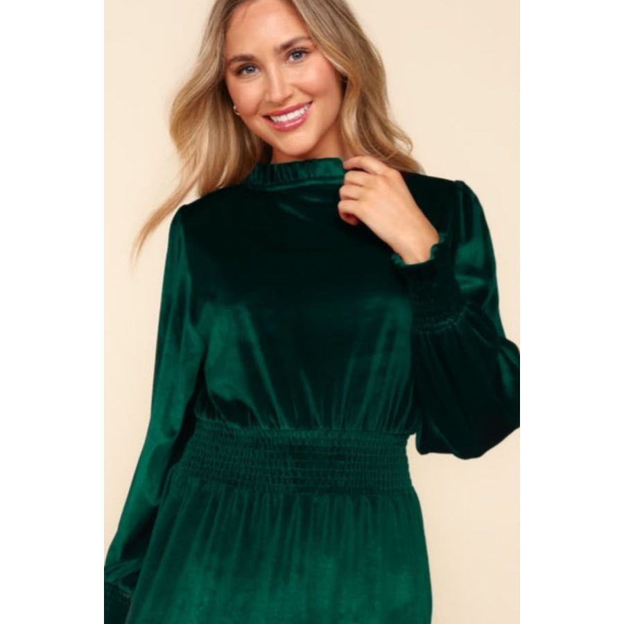 Haptics Mock Neck Smocked Waist Velvet Tiered Dress Apparel and Accessories