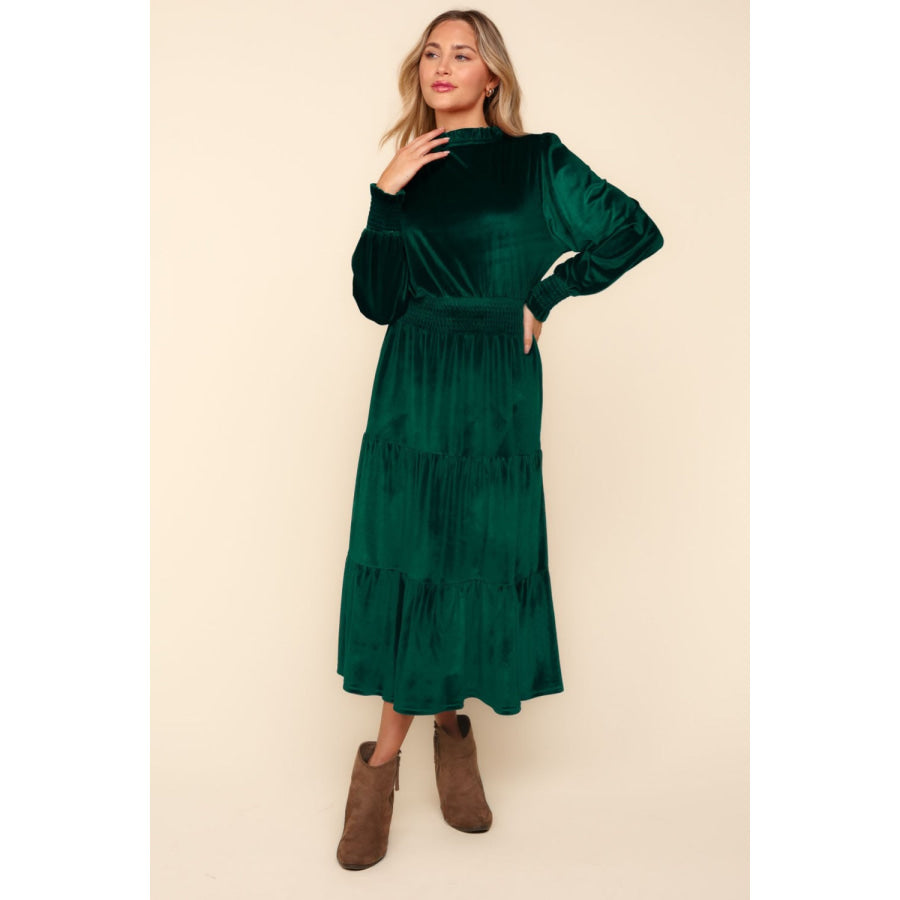 Haptics Mock Neck Smocked Waist Velvet Tiered Dress Hunter Green / S Apparel and Accessories