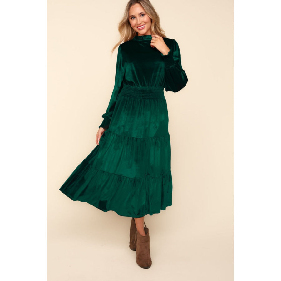 Haptics Mock Neck Smocked Waist Velvet Tiered Dress Hunter Green / S Apparel and Accessories