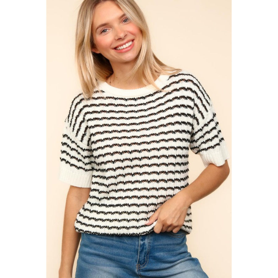 Haptics Openwork Striped Round Neck Half Sleeve Knit Top Apparel and Accessories