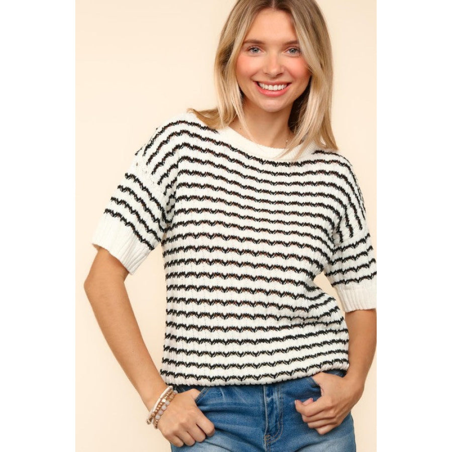 Haptics Openwork Striped Round Neck Half Sleeve Knit Top Apparel and Accessories