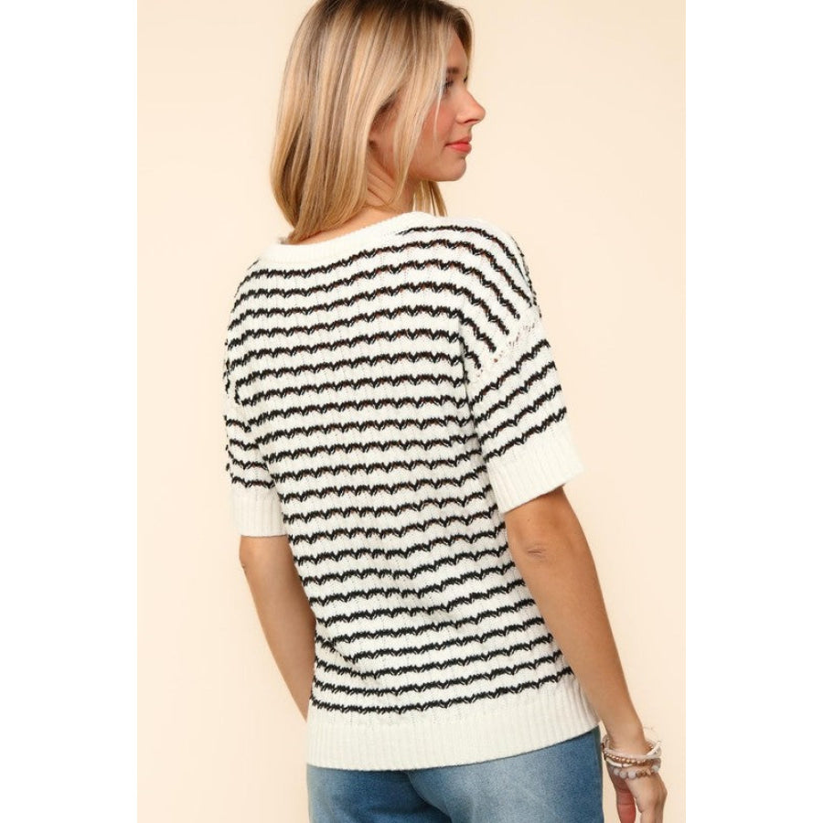 Haptics Openwork Striped Round Neck Half Sleeve Knit Top Apparel and Accessories