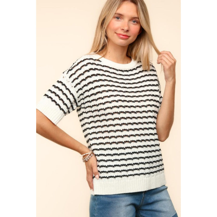 Haptics Openwork Striped Round Neck Half Sleeve Knit Top Apparel and Accessories