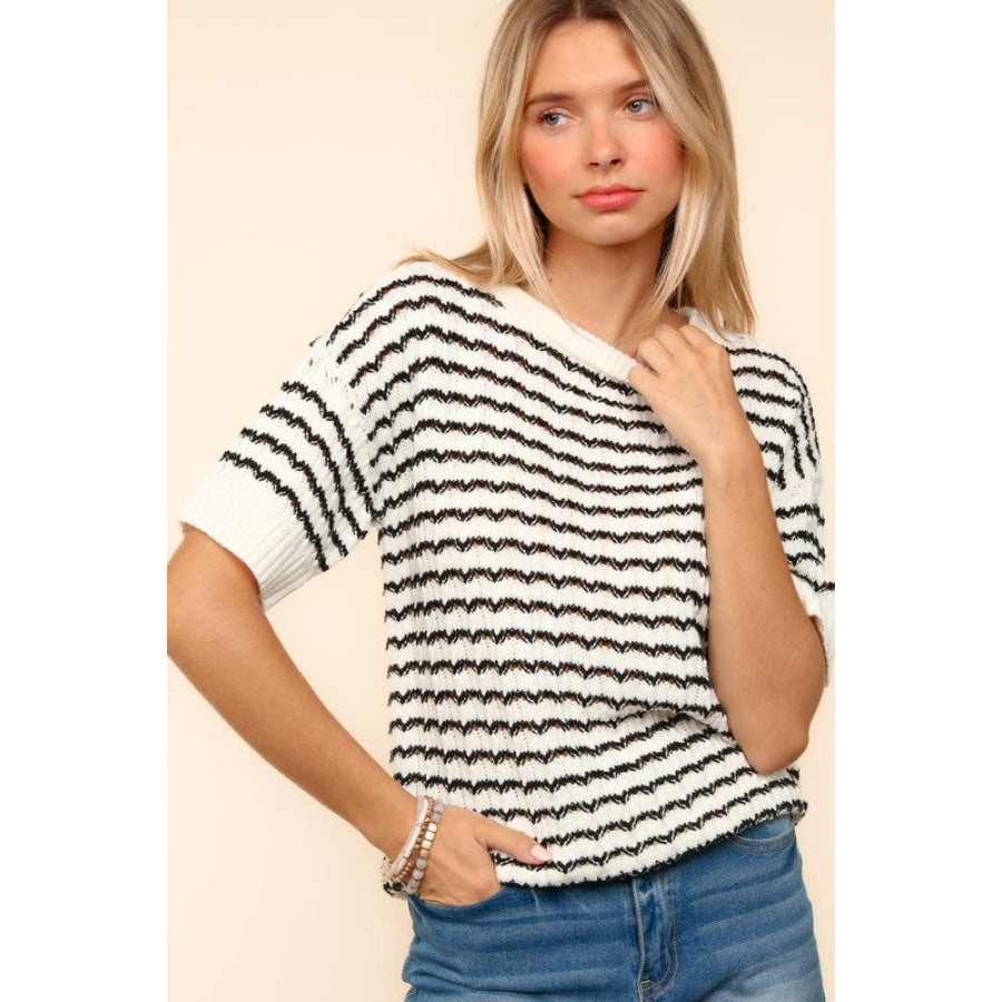 Haptics Openwork Striped Round Neck Half Sleeve Knit Top Apparel and Accessories