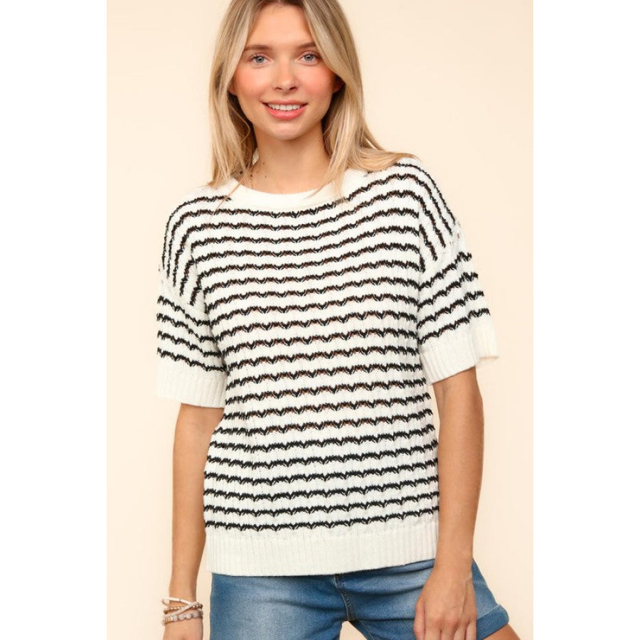 Haptics Openwork Striped Round Neck Half Sleeve Knit Top Apparel and Accessories