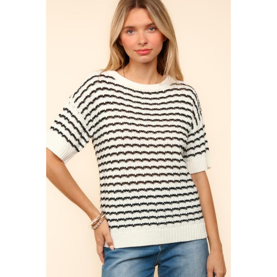 Haptics Openwork Striped Round Neck Half Sleeve Knit Top Ivory/Black / S Apparel and Accessories