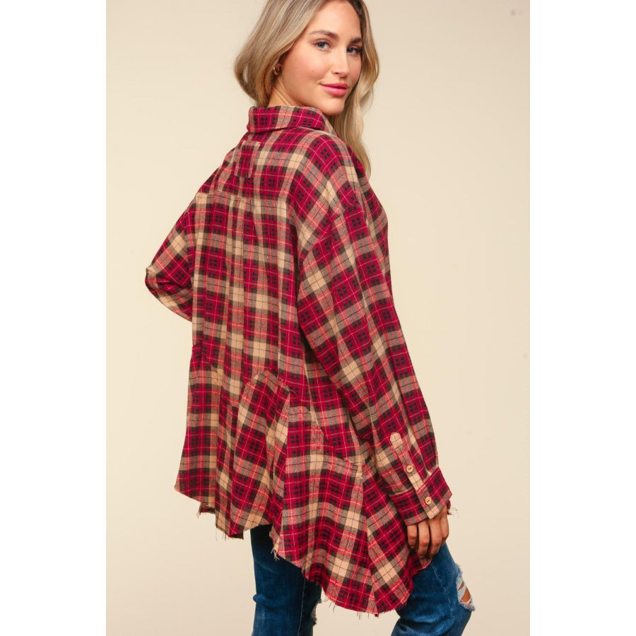 Haptics Plaid Button Down Sharkbite Shirt Burgundy/Taupe / S Apparel and Accessories