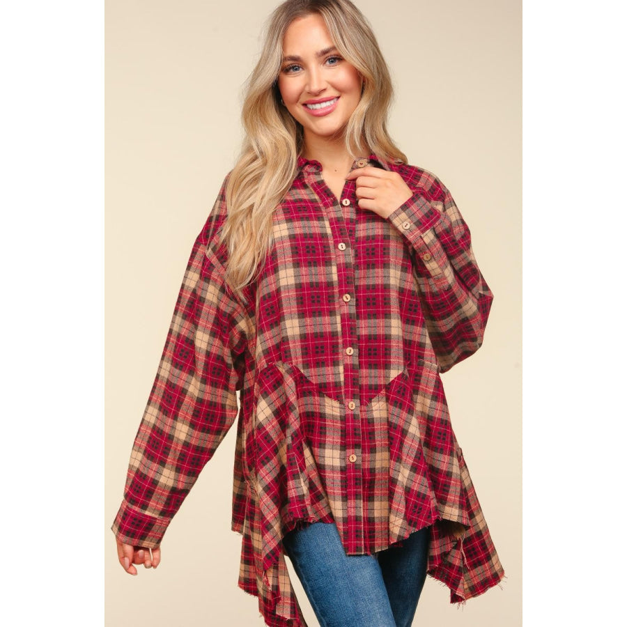 Haptics Plaid Button Down Sharkbite Shirt Burgundy/Taupe / S Apparel and Accessories