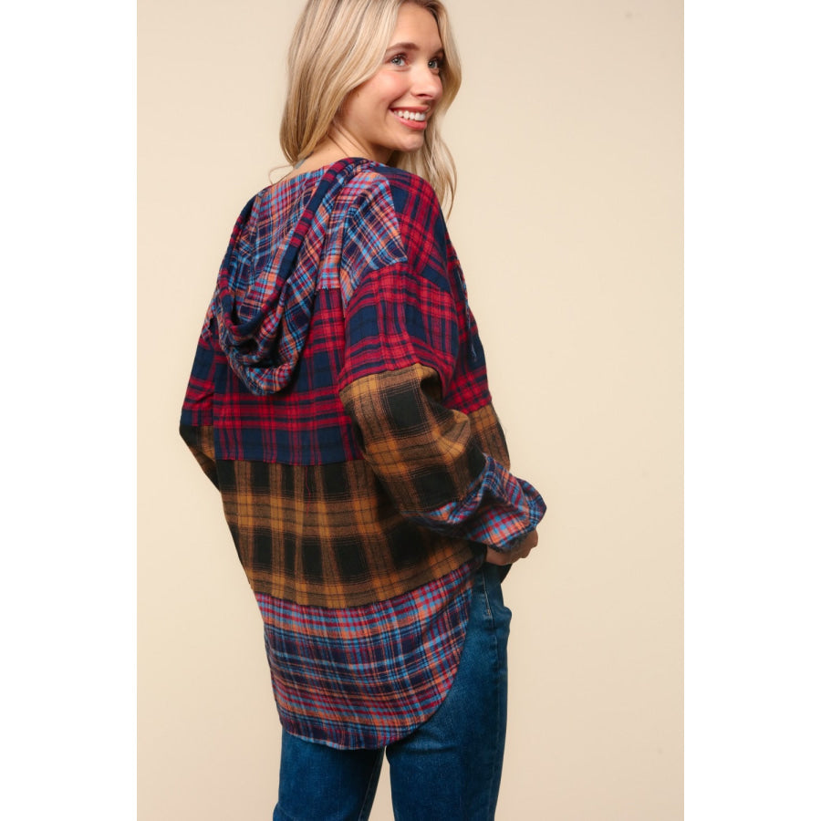 Haptics Plaid Edge Cut Detail Hooded Top Apparel and Accessories