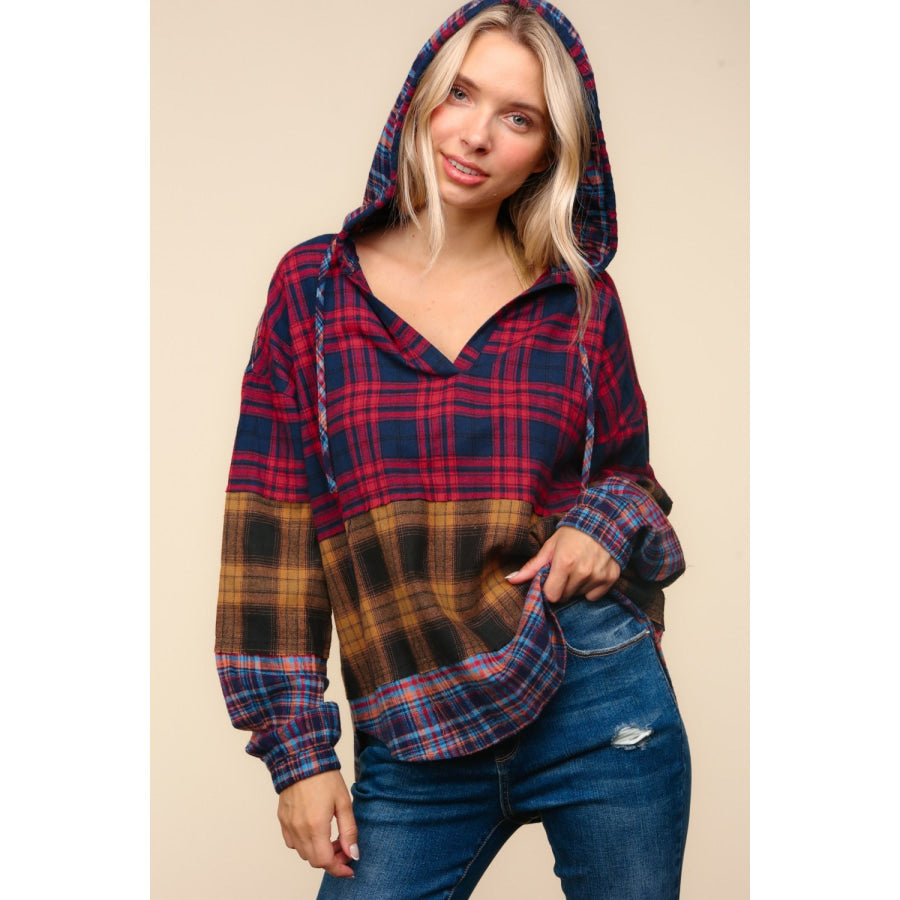 Haptics Plaid Edge Cut Detail Hooded Top Apparel and Accessories