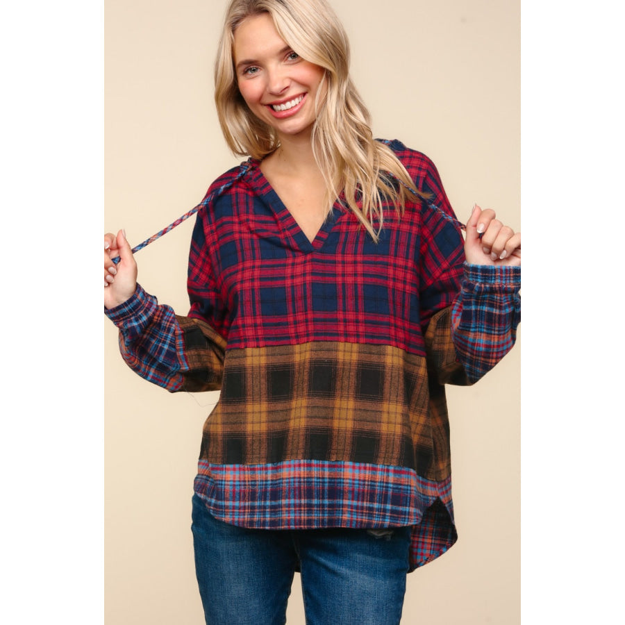 Haptics Plaid Edge Cut Detail Hooded Top Apparel and Accessories