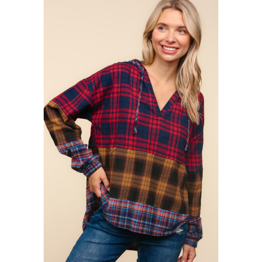 Haptics Plaid Edge Cut Detail Hooded Top Apparel and Accessories