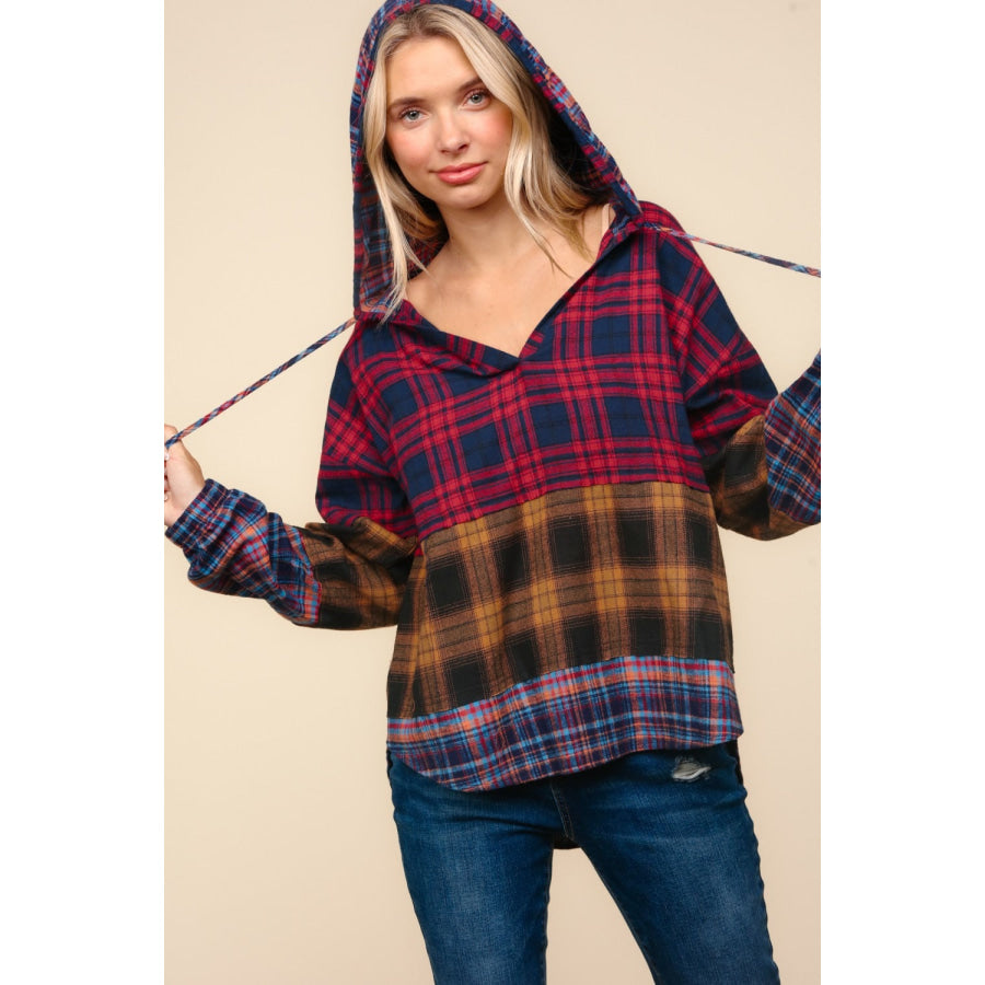 Haptics Plaid Edge Cut Detail Hooded Top Red/Mustard/Navy / S Apparel and Accessories