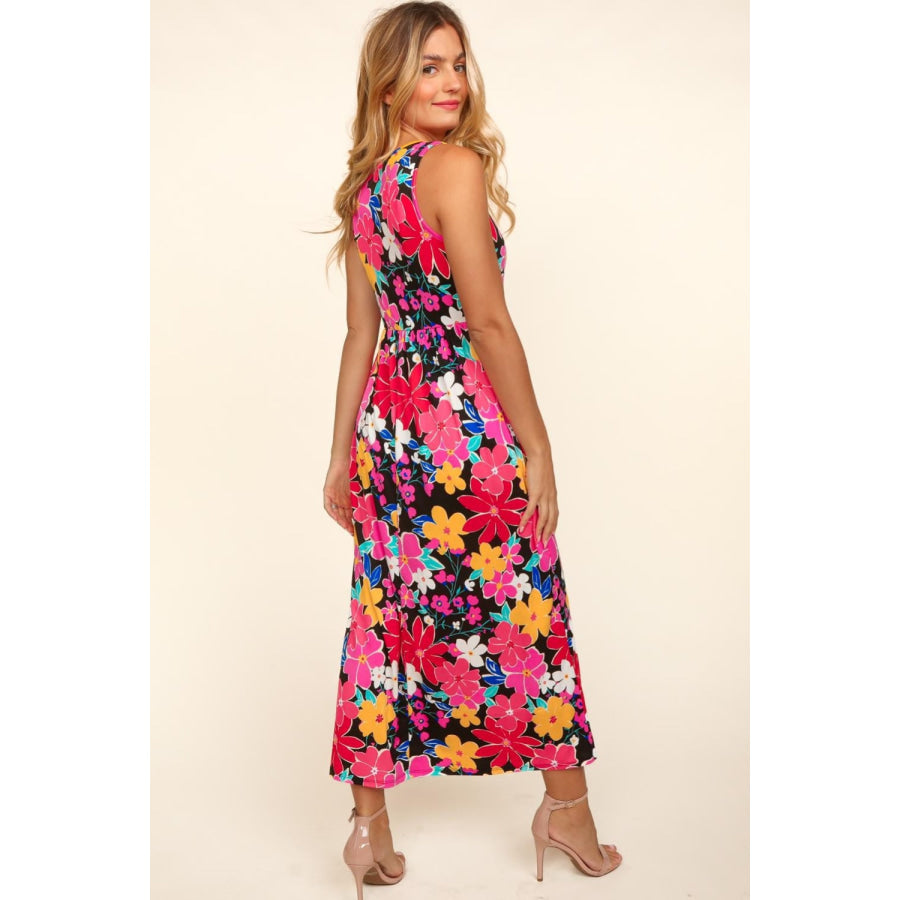 Haptics Pocketed Floral Round Neck Sleeveless Midi Dress Apparel and Accessories