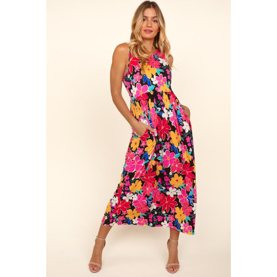 Haptics Pocketed Floral Round Neck Sleeveless Midi Dress Black/Fuchsia/Yellow / S Apparel and Accessories