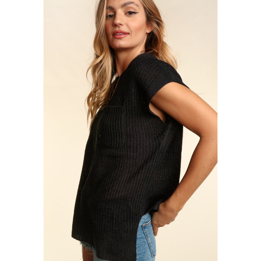 Haptics Pocketed Round Neck Cap Sleeve Knit Top Apparel and Accessories