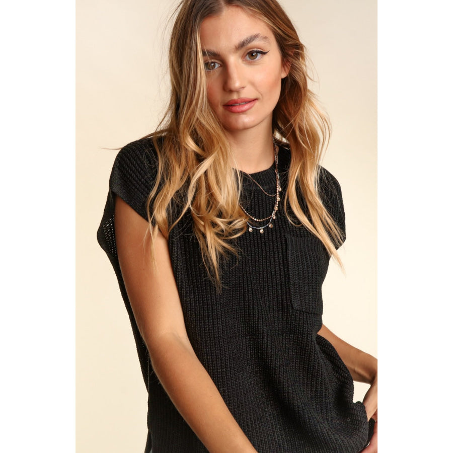 Haptics Pocketed Round Neck Cap Sleeve Knit Top Apparel and Accessories