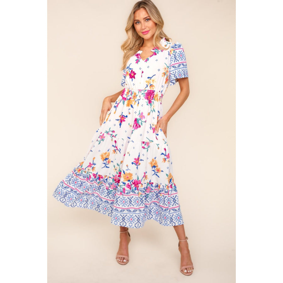 Haptics Printed Notched Short Sleeve Tiered Dress Apparel and Accessories