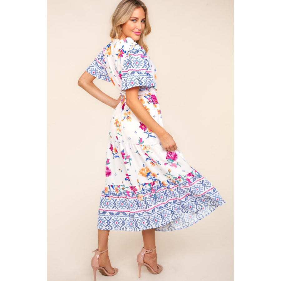 Haptics Printed Notched Short Sleeve Tiered Dress Apparel and Accessories