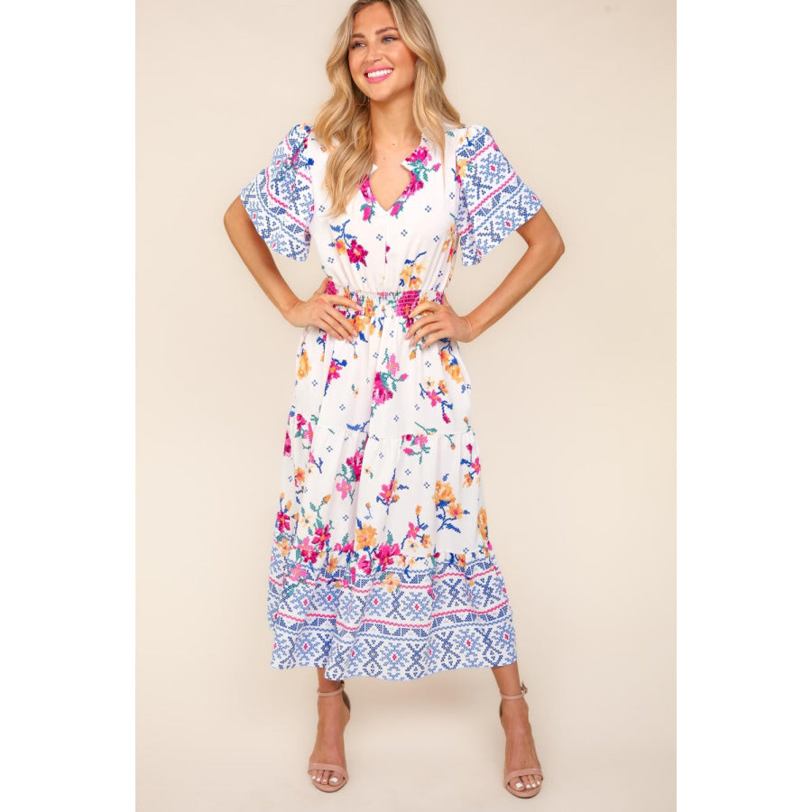 Haptics Printed Notched Short Sleeve Tiered Dress Ivory/Blue / S Apparel and Accessories