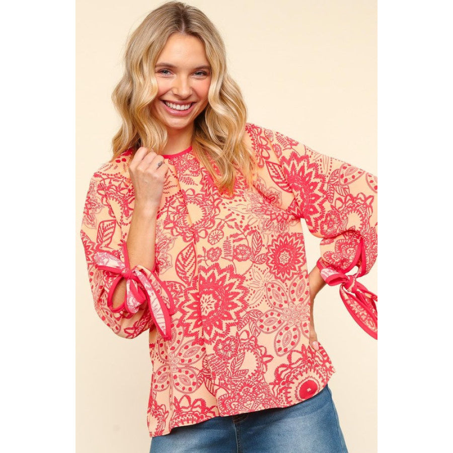 Haptics Ribbon Bow Detail Floral Round Neck Blouse Apparel and Accessories