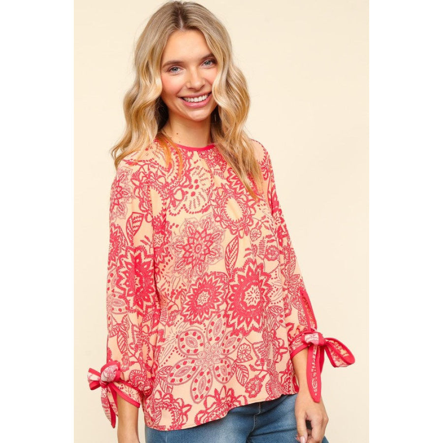 Haptics Ribbon Bow Detail Floral Round Neck Blouse Apparel and Accessories