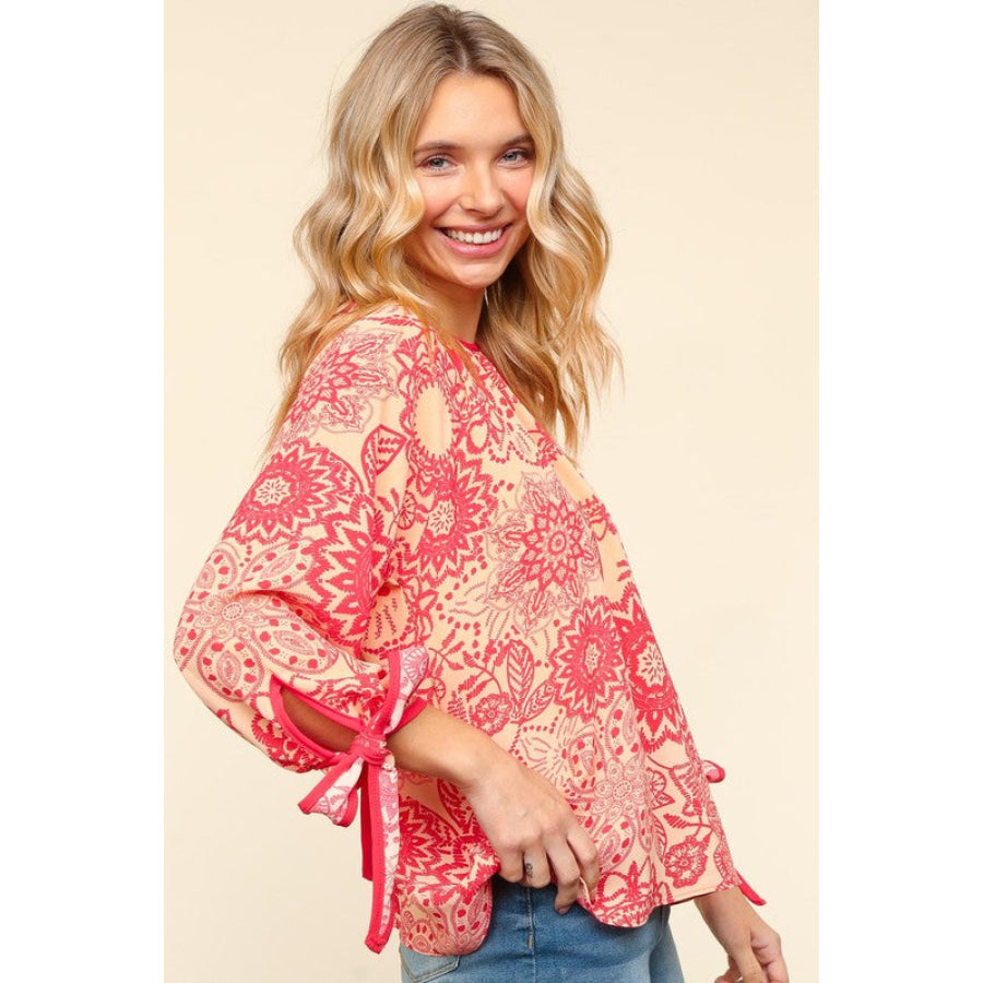 Haptics Ribbon Bow Detail Floral Round Neck Blouse Apparel and Accessories