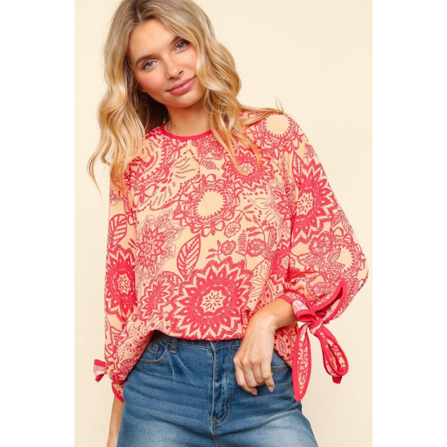 Haptics Ribbon Bow Detail Floral Round Neck Blouse Apparel and Accessories