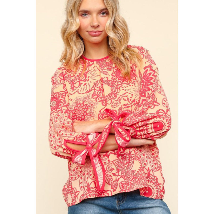 Haptics Ribbon Bow Detail Floral Round Neck Blouse Peach/Coral / S Apparel and Accessories