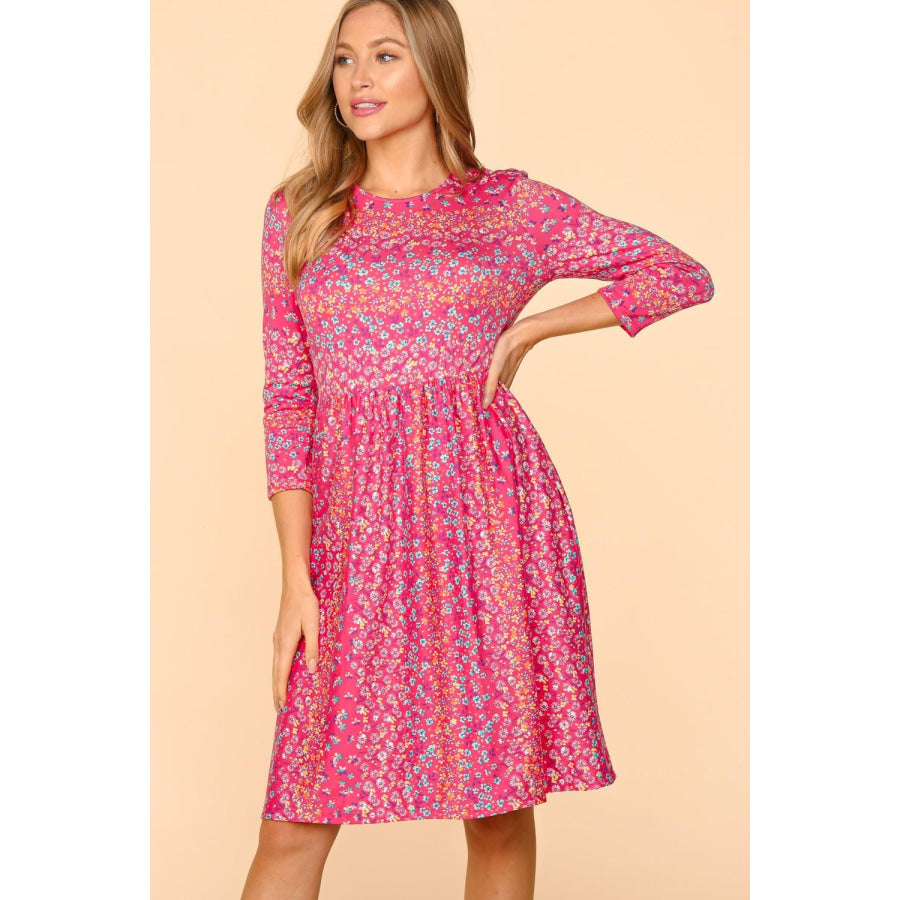 Haptics Round Neck Floral Dress with Pockets Fuchsia / S Apparel and Accessories