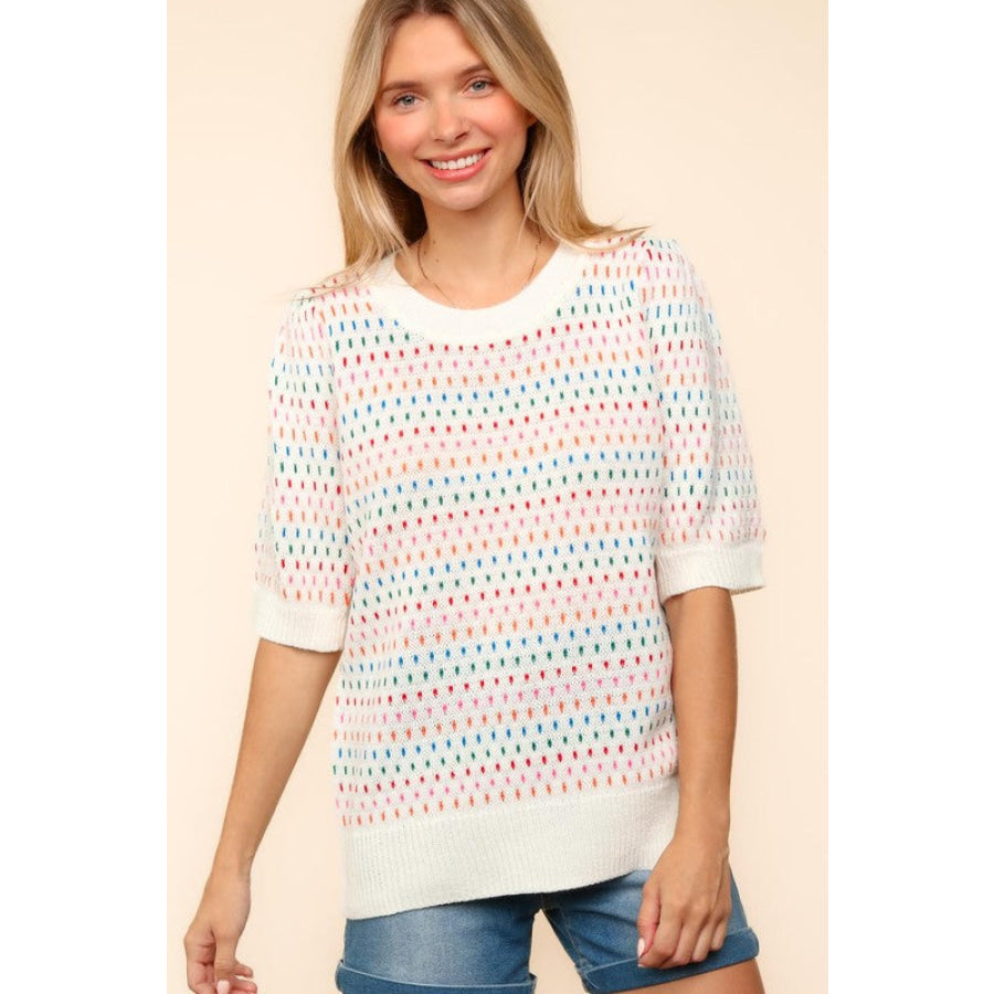 Haptics Round Neck Half Sleeve Multi Color Knit Top Apparel and Accessories