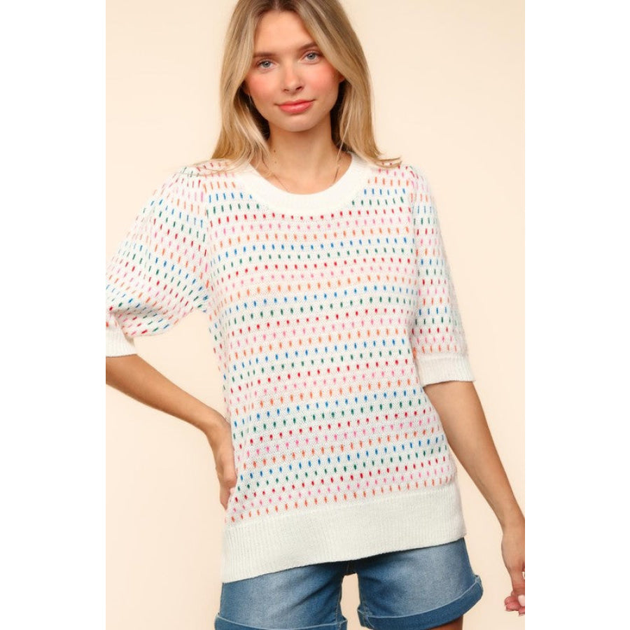 Haptics Round Neck Half Sleeve Multi Color Knit Top Apparel and Accessories