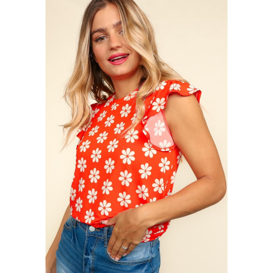 Haptics Round Neck Ruffled Floral Contrast Knit Top Apparel and Accessories