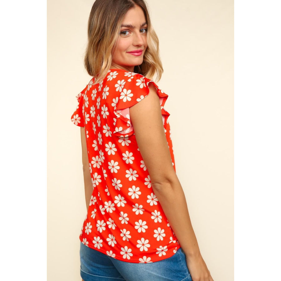 Haptics Round Neck Ruffled Floral Contrast Knit Top Scarlet / S Apparel and Accessories