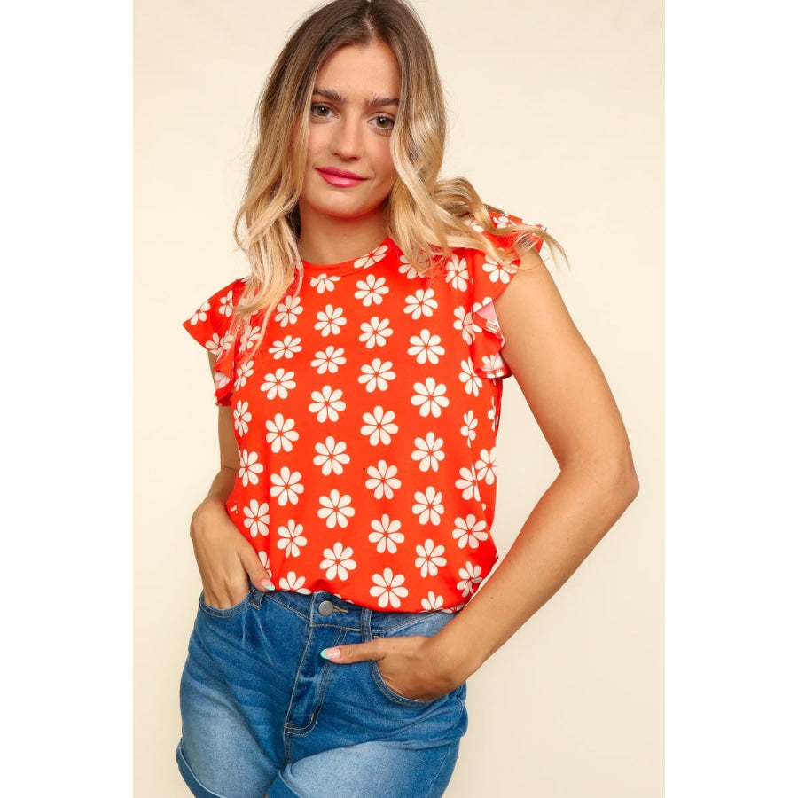 Haptics Round Neck Ruffled Floral Contrast Knit Top Apparel and Accessories